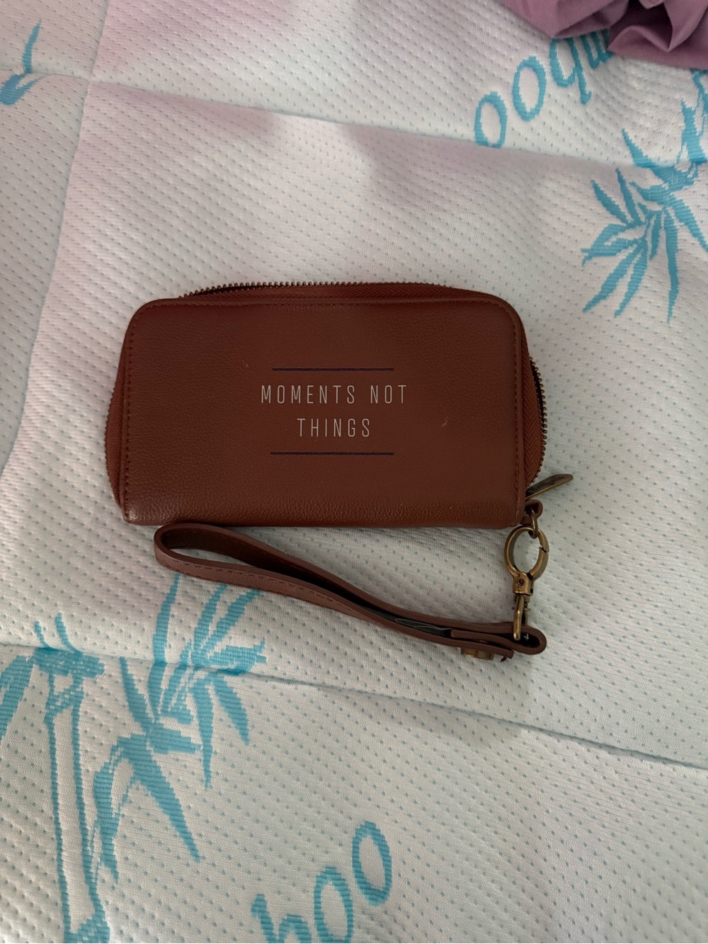 thirty-one Brown Leather Wristlet with "Moments Not Things" Print
